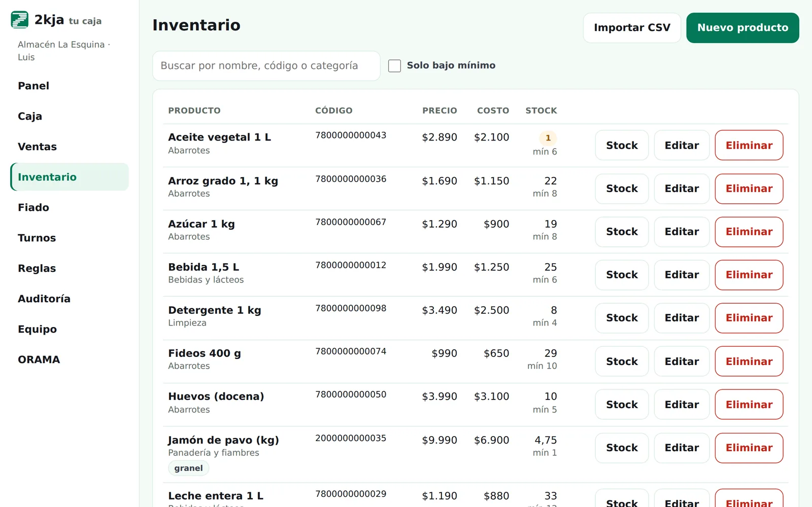 Inventario con productos, precios, stock y stock mínimo